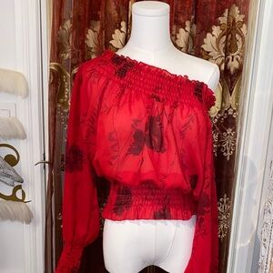 Chic Red Floral Off-Shoulder Blouse